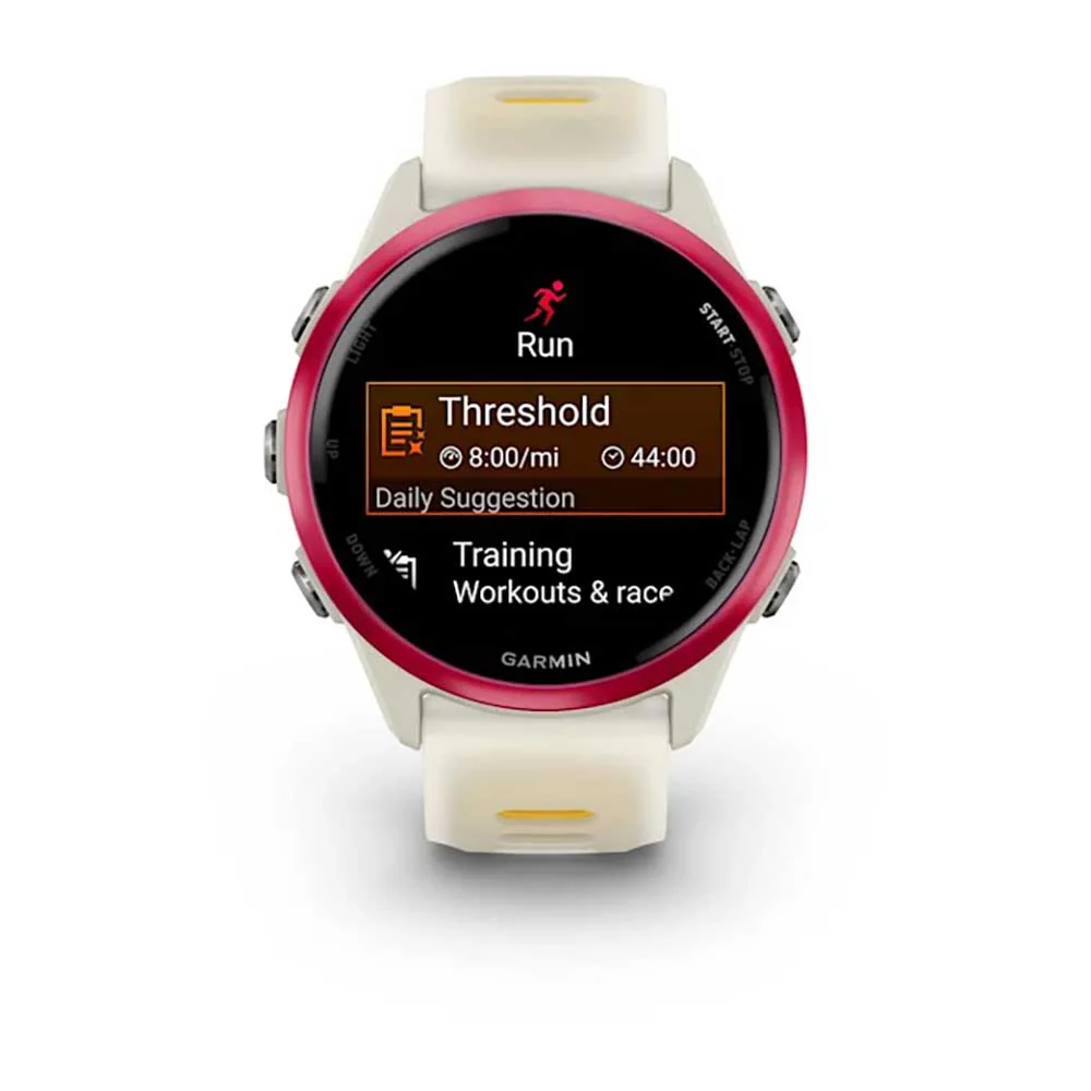 Forerunner 570 - 42mm, Raspberry Aluminum with Translucent Bone/Mango Band - Image 2